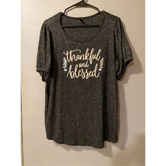 Ava James Charcoal Gray Thankful And Blessed Short Sleeve Scoop Neck Shirt Size - Picture 1 of 5